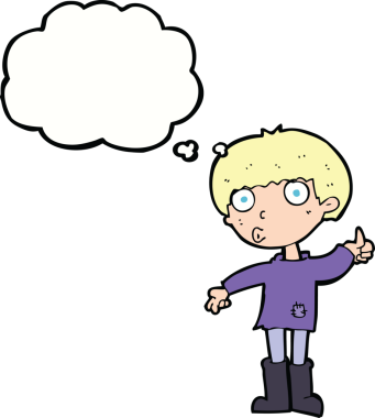 Çizgi filmci çocuk bir insan tarafından çizilmiş düşünce baloncuğuyla soru soruyor.