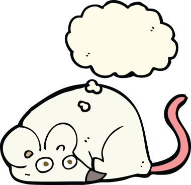 Bir insan tarafından çizilmiş düşünce baloncuklu beyaz fare çizgi filmi.