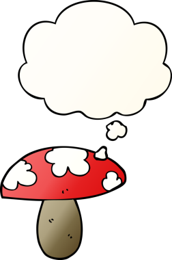 Düşünce baloncuğu olan karikatür mantarı bir insan tarafından çizilmiş.