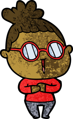 Bir insan tarafından çizilmiş gözlüklü bir karikatür kadın.