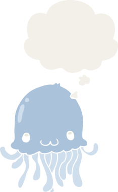 Düşünce baloncuğu olan denizanası çizgi filmi bir insan tarafından çizilmiş.