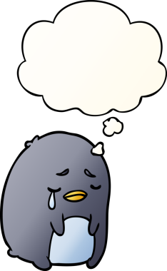 çizgi film ağlayan penguen, insan tarafından çizilmiş yumuşak eğimli düşünce baloncuğu.