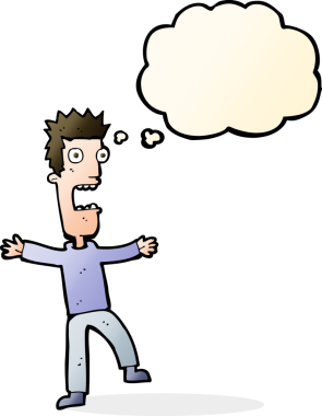 Bir insan tarafından çizilmiş düşünce baloncuğuyla dehşete düşmüş bir adam.