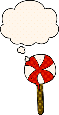 Çizgi roman tarzında bir insan tarafından çizilmiş düşünce balonlu çizgi film lolipopu.