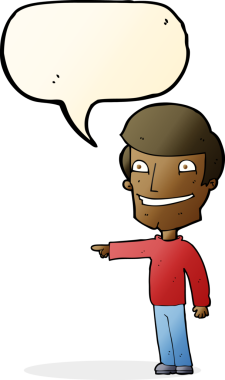 Bir insan tarafından çizilmiş konuşma balonuyla işaret eden mutlu adam çizgi filmi.