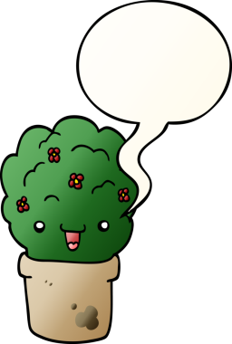 Bir insan tarafından çizilmiş, konuşma baloncuğuyla saksıda karikatür çalılığı.