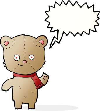 Bir insan tarafından çizilmiş konuşma baloncuğuyla sallanan oyuncak ayı.