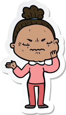 Çizgi film çıkartması. Bir insan tarafından çizilmiş yaşlı bir kadın.