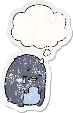 Karikatür ağlayan penguen. Düşünce baloncuğu insan tarafından çizilmiş yıpranmış bir çıkartma gibi.