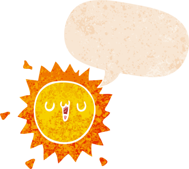 grunge 'da konuşma baloncuğu olan karikatür güneşi bir insan tarafından çizilmiş rahatsız edici retro stil.