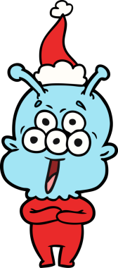 Bir insan tarafından çizilmiş Noel Baba şapkası giyen bir uzaylının çizdiği mutlu el çizgisi.