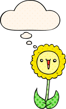 Bir insan tarafından çizilmiş, düşünce baloncuklu çizgi film çiçeği.