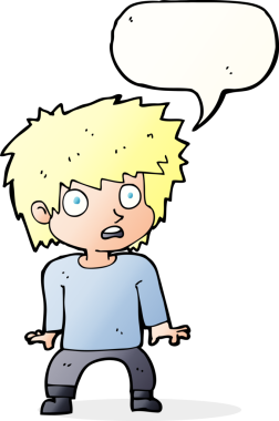 Bir insan tarafından çizilmiş konuşma baloncuğu olan korkmuş bir çocuk.