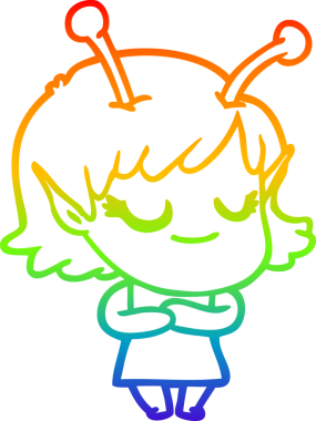 Bir insan tarafından çizilmiş gülümseyen uzaylı kız çizgi filmi.