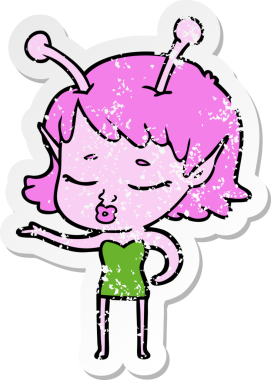 Bir insan tarafından çizilmiş sevimli bir uzaylı kız çizgi filminin sıkıntılı çıkartması.