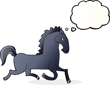 Bir insan tarafından çizilmiş düşünce balonlu siyah aygır.