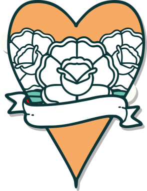 Geleneksel kalp stili dövme çıkartması ve bir insan tarafından çizilmiş çiçekli pankart.