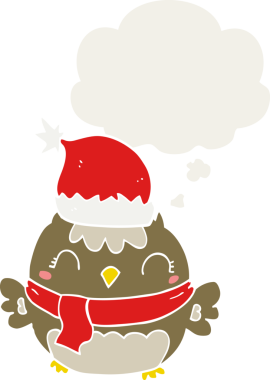 Bir insan tarafından çizilmiş düşünce baloncuğu olan sevimli noel baykuşu.