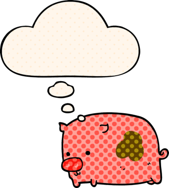 Çizgi roman tarzında bir insan tarafından çizilmiş düşünce baloncuklu bir domuz.