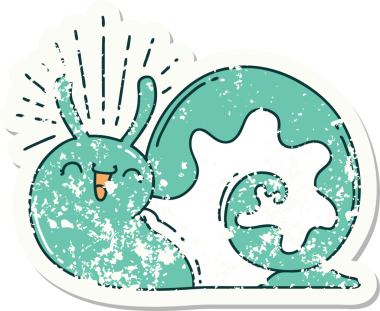 Dövme stili eski bir çıkartma. Bir insan tarafından çizilmiş mutlu salyangoz.