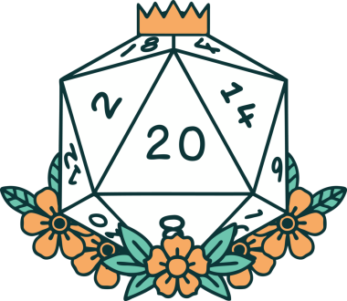 Retro Dövme Biçimi Doğal 20 D20 zar bir insan tarafından çizilmiş çiçek elementleriyle