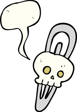 El yazısıyla çizilmiş çizgi roman konuşma balonu, bir insan tarafından çizilmiş kafatası saç tokası.