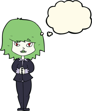 Bir insan tarafından çizilmiş düşünce balonlu vampir kadın çizgi filmi.