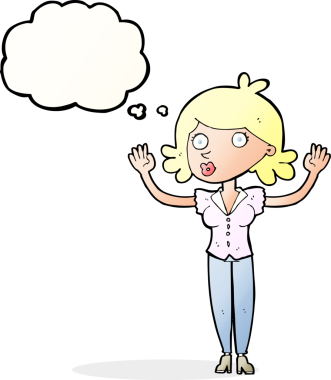 Bir insan tarafından çizilmiş düşünce baloncuğuyla teslim olan çizgi film kadını.