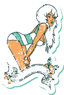 İkonik sıkıntılı dövme stili. Yüzme kostümlü bir kız resmi. Üzerinde bir insan dövmesi var.