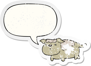 Konuşma baloncuğu olan çizgi film köpeği bir insan tarafından çizilmiş sıkıntılı eski bir çıkartma