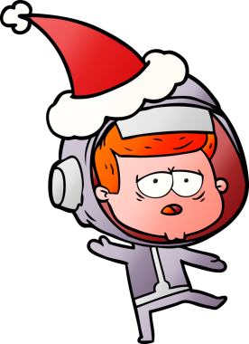 Bir insan tarafından çizilmiş Noel Baba şapkası giymiş yorgun bir astronotun el çizimi karikatürü.