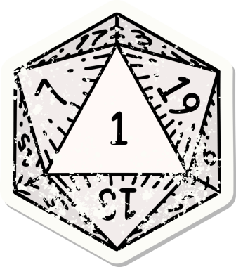 Bir insan tarafından çizilmiş 1 D20 zarının grunge sticker 'ı
