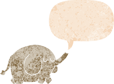 grunge 'da konuşma baloncuğu olan karikatür fili bir insan tarafından çizilmiş dertli retro tarzı.