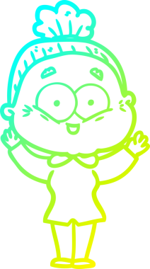 Bir insan tarafından çizilmiş, mutlu, yaşlı bir kadının çizimi.