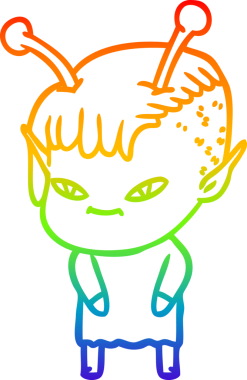 Gökkuşağı gradyan çizgisi bir insan tarafından çizilmiş şirin bir uzaylı kızın çizimi.