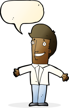 Bir insan tarafından çizilmiş konuşma balonuyla kolları açık sırıtan çizgi film adamı.