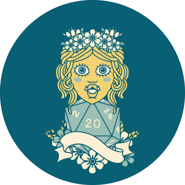 Retro Dövme Biçimi Yarı Ork Druid karakteri Bir insan tarafından çizilmiş doğal 20 zar ile