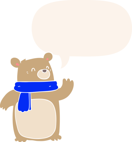 Bir insan tarafından çizilmiş, konuşma baloncuklu bir eşarp takan çizgi film ayısı.