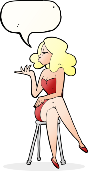 Bir insan tarafından çizilmiş bir konuşma balonuyla bar taburesinde oturan çizgi film kadını.