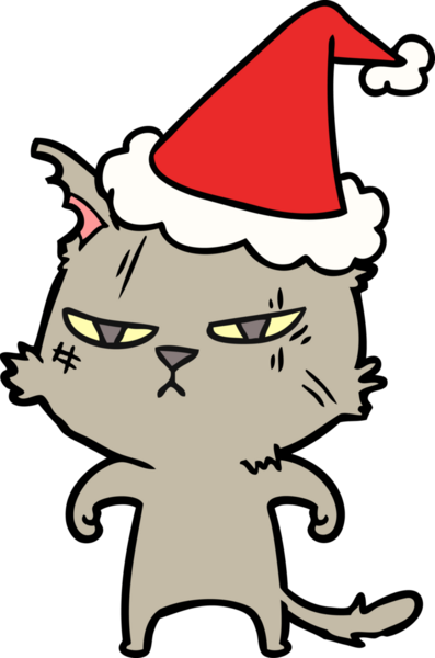 Bir insan tarafından çizilmiş Noel Baba şapkası takan bir kedi çizilmiş.