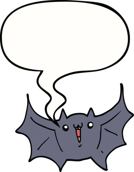 Bir insan tarafından çizilmiş konuşma balonlu mutlu vampir yarasa çizgi filmi.