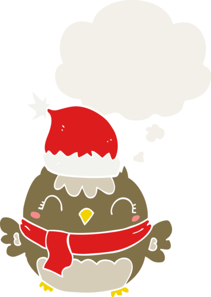 Bir insan tarafından çizilmiş düşünce baloncuğu olan sevimli noel baykuşu.