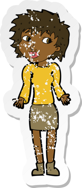 Bir insan tarafından çizilmiş omuzlarını silken karikatürlü bir kadının gerilmiş çıkartması.