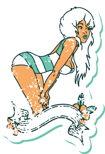 İkonik sıkıntılı dövme stili. Yüzme kostümlü bir kız resmi. Üzerinde bir insan dövmesi var.