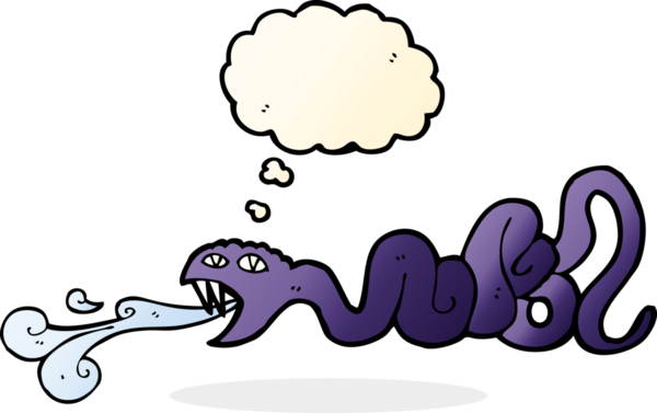 Bir insan tarafından çizilmiş düşünce baloncuklu çizgi film yılanı.