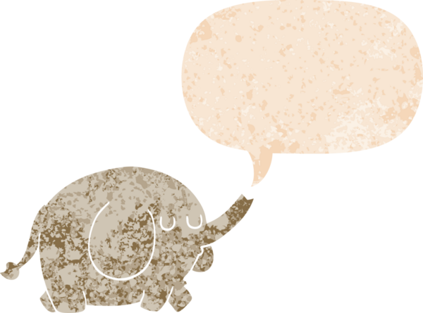 grunge 'da konuşma baloncuğu olan karikatür fili bir insan tarafından çizilmiş dertli retro tarzı.