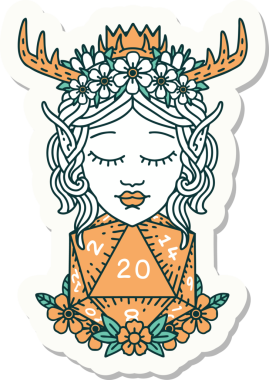 Bir insan tarafından çizilmiş nautral yirmilik zarlı bir Elf Druid karakterinin çıkartması.