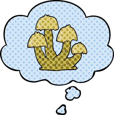 Çizgi roman tarzında bir insan tarafından çizilmiş düşünce baloncuklu mantarlar.