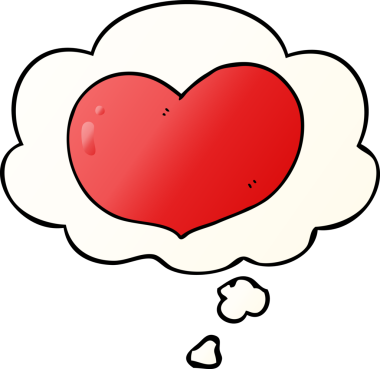 insan tarafindan çizilmis, dusunce baloncuguyla karikatür ask kalbi.