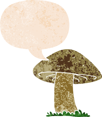 grunge 'da konuşma baloncuğu olan karikatür mantarı bir insan tarafından çizilmiş dertli retro dokuma tarzı